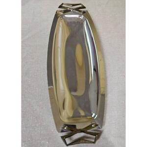 Vtg KROMEX‎ Oblong Art Deco Serving Tray Silver Gold Geometric Handles 1950s